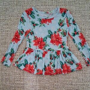 Posh Peanut Poinsettia Print, Long Sleeve Twirl Peplum Shirt, Size 3T-4T